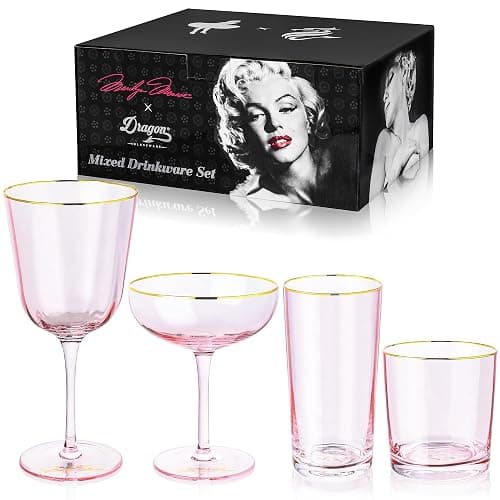 Dragon Glassware x Marilyn Monroe Pink Drinkware Set of 4 - Includes Wine, Martini, Whiskey & Drinking Glasses - Marilyn Monroe Gifts for Women - Pink Glassware Set - Image 1