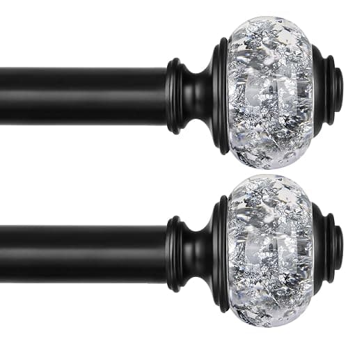 2 Pack Black Curtain Rods, 1 Inch Telescoping Drapery Rod 28 to 48 inch (2.3 to 4 ft), USFOOK Curtain Rods for Windows, Silver Translucent Finials - Image 1