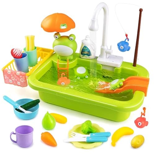 Play Sink with Running Water,Kids Sink Toy with Automatic Water Cycle System,Sink Fishing Game Toy with Food Kitchen Accessories,Kids Role Play Dress Up Dishwasher Toys for Boys and Girls Present - Image 1
