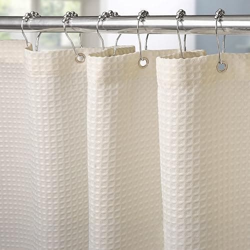 Waffle Weave Shower Curtain with Stainless Steel Hooks - 256 GSM Heavy Duty Fabric Bath Curtains, Hotel Luxury Quality, Water Resistant, Machine Washable, Weighted Hem, 72 x 72 Inches (Cream) - Waffle - Cream - 72W x 72L inch (1 Panels) - Image 1