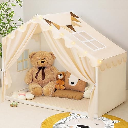 PIIKAGO Kids Tent Indoor with Stat Lights - Play Tent for Kids Ages 4-8, Toddler Playhouse with Cloth Curtain for Girls Boys, 57" x 35" x 47" (Beige) - Image 1