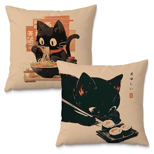 Fuasei Funny Vintage Black Cat Japanese Sushi Ramen Noodles Pillow Covers 18x18 Set of 2, Aesthetic Black Cat Art Painting Decor Pillow Covers for Room Bedroom - Image 1
