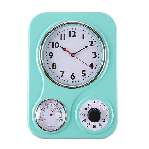 Lily's Home - 9.5 Inch x 12.5 Inch - Retro Kitchen Wall Clock, Vintage Wall Clock with a Thermometer and 60-Minute Timer, Ideal for Any Kitchen, Office, or Diner (Turquoise) - Image 1