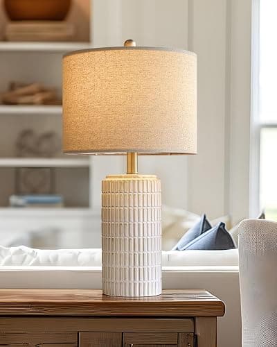 PoKat 23'' Bedside Table Lamp for Bedroom Nightstands, Ceramic Lamp for Living Room, White Night Stand Light with Round Linen Shade, Modern, Silver - Image 1