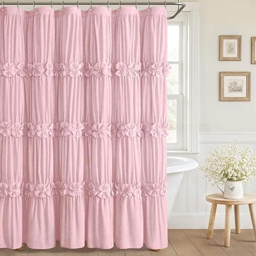 XOGUIBO Ruffle Shower Curtain with Handmade Bow Tie, Pink Linen Vintage Farmhouse Shower Curtain for Bathroom, 72" W x 72" H - Image 1