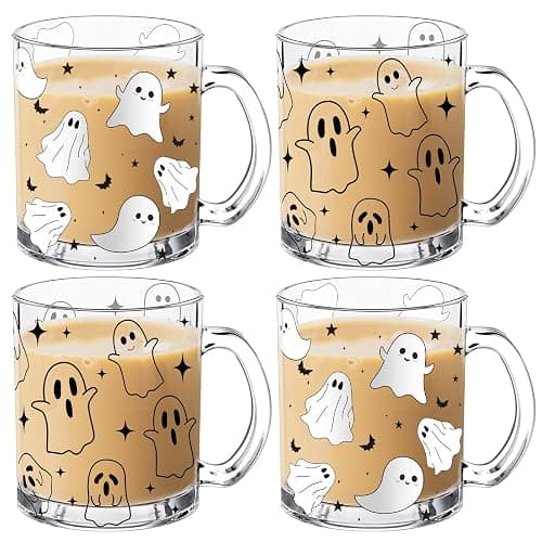 RimCereal 4 Pcs 12oz Halloween Ghosts Glass Coffee Mugs with Handle | Boo Basket Stuff Gifts Spooky Iced Coffee Cups, Cute Halloween Gifts for Family Holiday Party Drinkware Accessories - Image 1