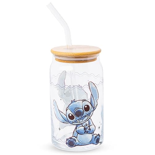 Silver Buffalo Disney Lilo and Stitch Sitting Glass Jar Tumbler with Bamboo Lid and Glass Straw, 16 Ounces - Image 1