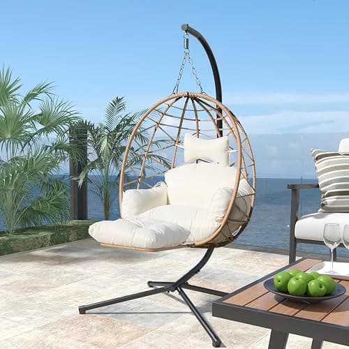 Jadoxy Hanging Egg Chair with Leg Stand, Indoor/Outdoor Swing Egg Chair Hammock Basket Seat Chair with Cushion for Porch Balcony Garden Patio (Ribbon+Rattan, Yellow+White) - Image 1