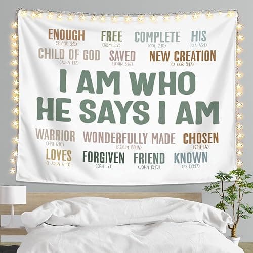 LIANGW Bible Verses Christian Tapestry, I Am Who He Says I am, Indoor Outdoor Wall Art Tapestry for Bedroom, Teens Room Decoration Living Room Bedroom 50x60 inches - 02-I Am Who He Says I am - Image 1