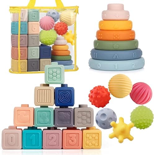 Weilim Montessori Toys Soft Stacking Building Blocks Rings Balls Sets 3 in 1 Baby Toys Bundle for Babies Sensory for Toddlers Teething Bath for Infants Learning Education Toy - Image 1
