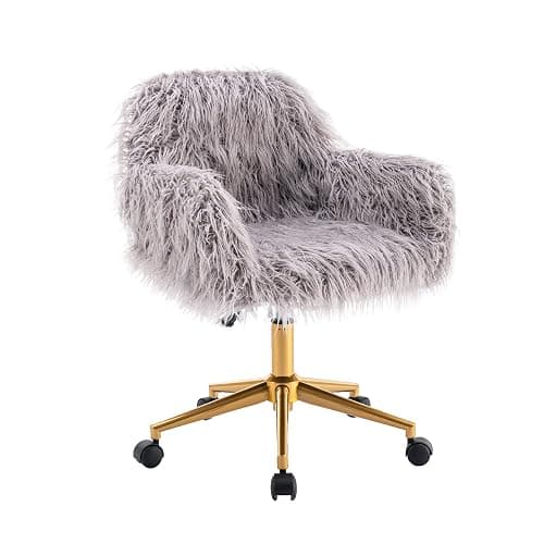KCC Fluffy Office Desk Chair, Faux Fur Modern Swivel Armchair with Wheels, Soft Comfy Fuzzy Elegant Accent Makeup Vanity Chairs for Women Girls, Home Living Dressing Room Bedroom, Gray - Image 1