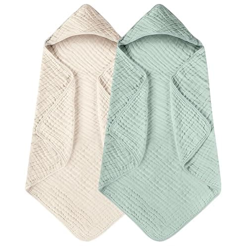 Yoofoss Hooded Baby Towels for Newborn 2 Pack 100% Muslin Cotton Baby Bath Towel with Hood for Babies, Infant, Toddler and Kids, Large 32x32Inch, Soft and Absorbent Newborn Essential - Image 1