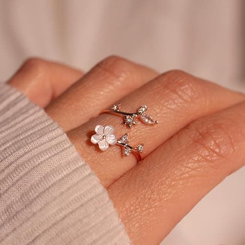 JALZEMPL Birthstone Flower Rings For Women Non Tarnish Gemstone Cubic Zirconia Mother of Pearl Adjustable Size 7-11 Silver Rose 14K Gold Plated Birth Jewelry Gift For Birthday - Image 1