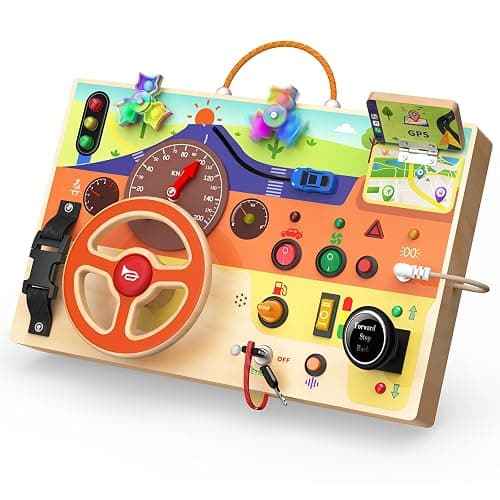 flycoost Busy Board Montessori Toys for Toddlers 1-3 with Steering Wheel | Wooden Lights Driving Activity Board Sensory Montessori Busy Board for 1+ Year Old, Toddler Learning & Travel Toy - Image 1