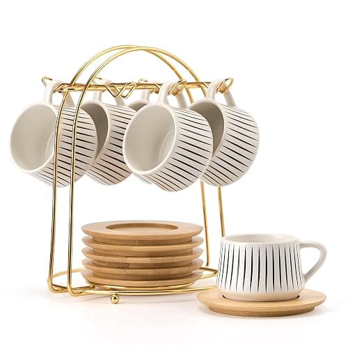 LUKA Ceramic Coffee Espresso Cups with Saucers Set with Metal Holder, 4 oz Porcelain Demitasse Cups For Tea, Espresso, Latte, Coffee, Cafe Mocha, Set of 6, White - Image 1