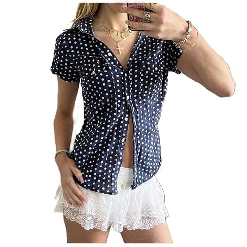 Women Y2k Short Sleeve Button Up Shirt V Neck Collared Plaid Preppy Tops Slim Fit Vintage Coquette Blouse - Image 1