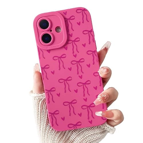 Lovmooful for iPhone 16 Plus Case Cute Ribbon Bowknot Heart-Hot Pink | Compatible for iPhone 16 Plus Case,Cool Design,for Girls Women,Soft TPU,Shockproof,Protective,Girly - Image 1