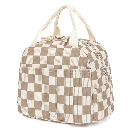 Dezcrab Corduroy Lunch Box for Women Girls, Cooler Lunch Bags Reusable Insulated Lunchbox for Picnic School Work Travel (Checkered Brown) - Image 1