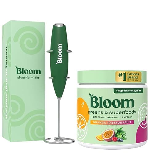 Bloom Nutrition Superfood Greens Powder, Digestive Enzymes with Probiotics and Prebiotics, Gut Health, Bloating Relief, Orange Passionfruit + Milk Frother High Powered Hand Mixer - Image 1