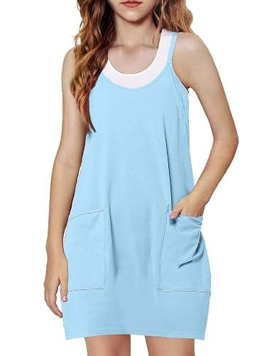 Arshiner Girls Dress with Shorts Casual Summer Spaghetti Straps One Piece Romper Dresses with Pockets for Kid 5-15 Y - 9-10 Years - Light Blue - Image 1