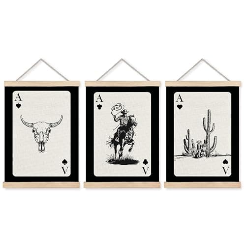 FITIE Vintage Western Trendy Bull Skull Cowboy Rodeo Cactus Ace Card Wall Art Set of 3, 12x16 Inch Framed Canvas Posters - Image 1