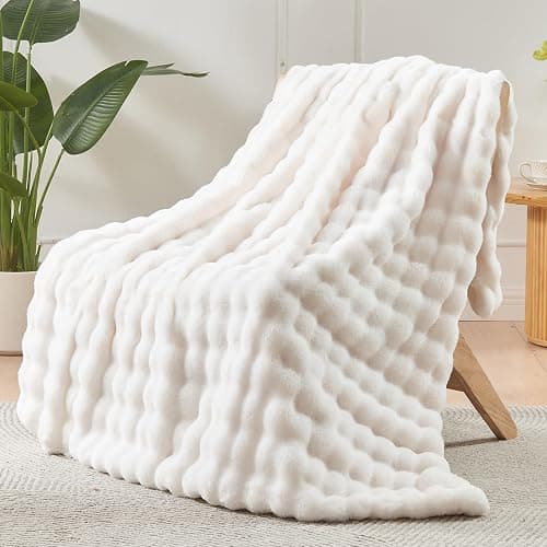 NEWCOSPLAY Faux Fur Throw Blanket Ivory Bubble Blanket Thick Warm Soft for Couch Sofa Bed 550GSM (Ivory, Throw(50"x60")) - Image 1
