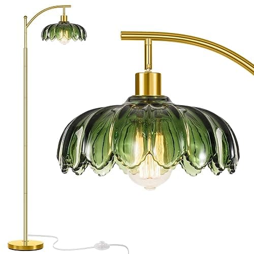 gernehop Gold Floor Lamp for Living Room,Unique Vintage Standing Tall Lamp,Mid Century Modern Floor Lamps Arc Green Glass Floor Lamps for Office Corner - Image 1