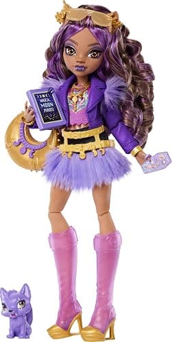 Monster High Doll, Clawdeen Wolf in Purple Moto Jacket and Furry Skirt with Pet Wolf Pup Crescent and 7 Accessories Like Book, Croissant and Purse - Image 1