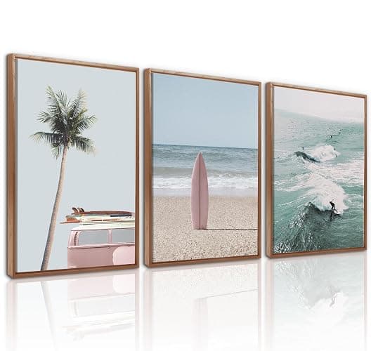 CHDITB Beach Framed Canvas Wall Art Set Of 3, Coastal Wall Decor, Ocean Wave Wall Painting, Palm Tree Seaside Artwork Surfboard Art Prints For Living Room Or Bedroom (12X16 Inch) - Image 1