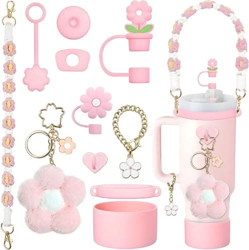 Stanley Cup Accessories Set, 11PCS Decor Includes Bracelet, Lid Ring, Sleeve, Straw Cover, Pendant, Anti-Spill Stopper, Heart Base for 40oz&30oz Stanley Cups, Pink - Image 1