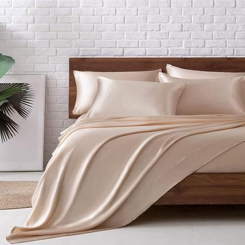 MR&HM Satin Bed Sheets, Queen Size Sheets Set, 6 Pcs Silky Bedding Set with 15 Inches Deep Pocket for Mattress(Queen, Taupe) - Image 1
