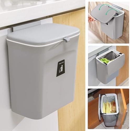 Tiyafuro 2.4 Gallon Kitchen Compost Bin for Counter Top or Under Sink, Hanging Small Trash Can with Lid for Cupboard/Bathroom/Bedroom/Office/Camping, Mountable Indoor Compost Bucket, Gray - Image 1