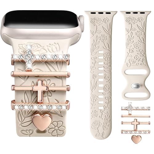 DaQin Flower Engraved Band Compatible with Apple Watch Bands for Women 40mm 38mm 41mm 42mm, Soft Silicone Strap With Dressy Decorative Apple Watch Charms for iWatch Series 11 10 9 8 7 6 5 4 3 2 1 SE - Image 1
