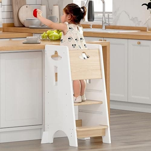 COSYLAND Toddler Standing Tower Adjustable Height - Super Stable Toddler Kitchen Stool Helper - 3 Levels Adjustable Wooden Kids Kitchen Stool (Natural & White) - Image 1