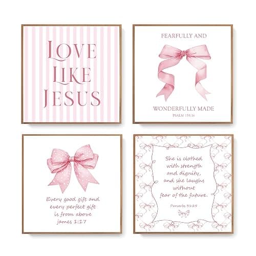 LARTSFRO Coquette Pink Bow Jesus Wall Art Decor Posters, Light Pink Bow Christian Room Bathroom Bedroom Dorm Wall Art Decor Aesthetic for College Teen Girls Gifts, Inspirational Bible Verses Bow Wall Decor, 8x8 Inch Set of 4 Bow Pictures(UNFRAMED) - Image 1
