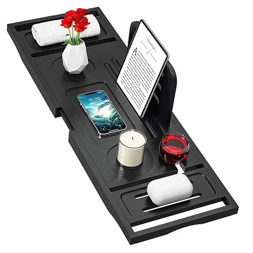 Bathtub Tray Caddy Black- Bath Tray Black - Bath Tub Tray Caddy - Bamboo Bath Tray for Tub - Expandable Size, Fits Most Tubs - Image 1