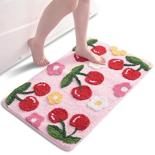 Anybar Pink Bathroom Rugs Cute Cherry Bath Mat Coloful Bathroom Accessories, Funny Flower Rug Non Slip Floor Mat, Machine Washable Bath Rug Soft Microfiber Carpet for Shower, Tub (18x26 inch) - 1'6" x 2'2" (Rectangular) - Pink - Image 1