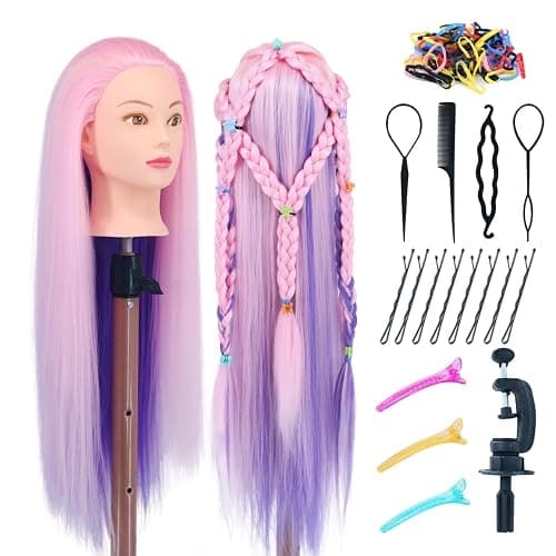 Mannequin Head with Hair, Eumos 29'' Doll Head for Hair Styling Training Head Manikin Practice Cosmetology Doll Head Styling Hairdressing Training Braiding Heads with Clamp Holder (Pink Purple) - Image 1
