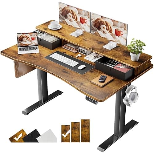 Veken 47.2"×27.6" Standing Desk with Storage Drawers, Adjustable Height Computer Table with Monitor Shelf, Home Office Desk for Study, Gaming, Workstation, Brown - Image 1