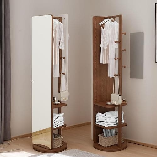 HRVEOCEI Clothes Rack with Full-length Mirror, Swivel Full-Length Mirror & Rotating Mirrors with Storage, Floor Length Mirrors with Hanger and Open Shelves, Space Saver (Walnut, 65.7 * 17.7) - Image 1
