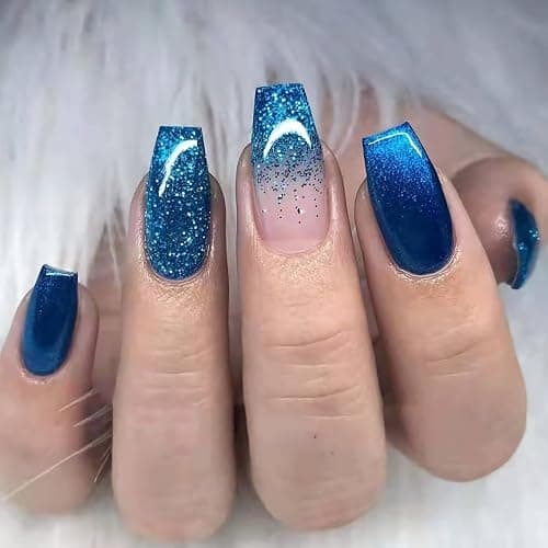 MISUD Press on Nails - Medium Coffin Glue on Nails with Blue Ombre, Acrylic Bling Glitter Design 24 pcs - Image 1