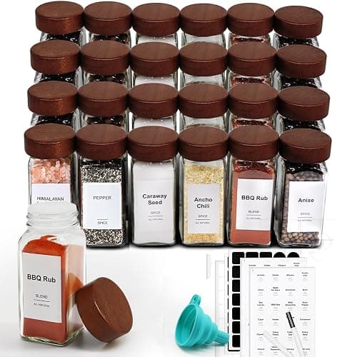 CKCY 24 Pcs Spice Jars, 4oz Seasoning Containers with Acacia Wood Shaker Lids, Glass Spice Bottles with Labels, Square Seasoning Organizer, Kitchen Spice Container - Image 1