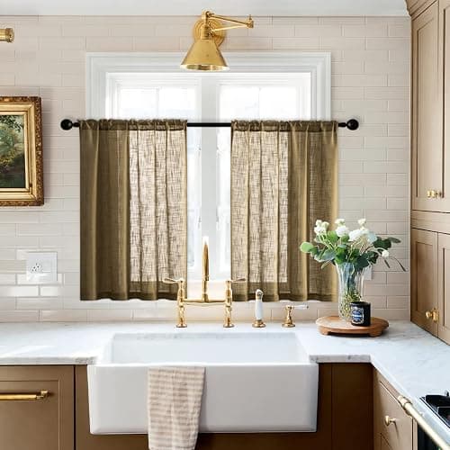 XTMYI Small Burlap Curtains for Kitchen Windows Primitive Linen Look Short Curtain Valances for Small Window Coverings Door Bedroom Sink Above and Under Area Coffee Colored Brown 24 Inch Length - Image 1