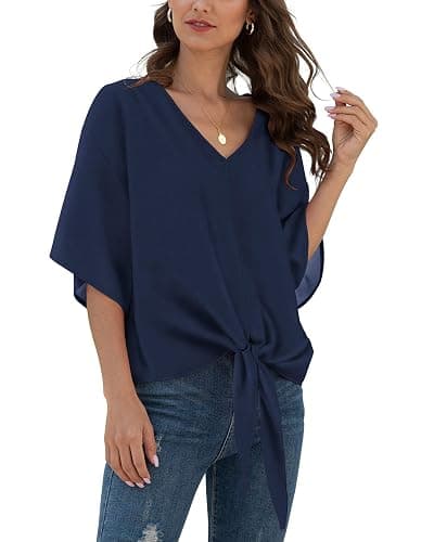 VIISHOW Womens Tie Front Chiffon Blouses V Neck Batwing Short Sleeve Summer Floral Tops Shirts - Image 1