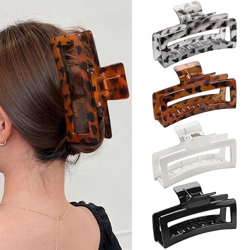 5 Inche Extra Large Claw Clips for Thick Hair, 4 Pack Xl Leopard and Glossy Claw Clips, Jumbo Non-Slip Rectangle Hair Clips for Women, Strong Hold Jaw Clips for Long Hair - Image 1