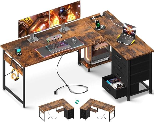 AODK L Shaped Desk with 4 Tier Drawers, 61" Reversible Gaming Desk with Power Outlets, L Shaped Computer Table with USB Charging Port and Host Stand, Home Office Table, Easy to Assemble, Vintage - Image 1