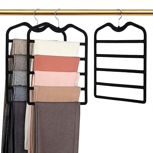 Pants Hangers Space Saving,3 Pack Velvet Short Neck Pants Hangers,5 Tier Space Saving Velvet Hanger,Closet Organizers and Storage Dorm Room Essentials for College Students Girls Guys Holds Pant,Jean - Image 1