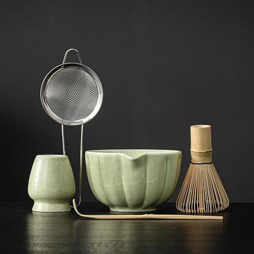 SFTXEY Matcha Whisk Set, Matcha Set Includes Ceramic Matcha Bowl, Bamboo Whisk, Scoop, Chasen Holder, Sifter, 5 Pcs Perfect Matcha Kit for Macha Lover (Mottled Green) - Image 1