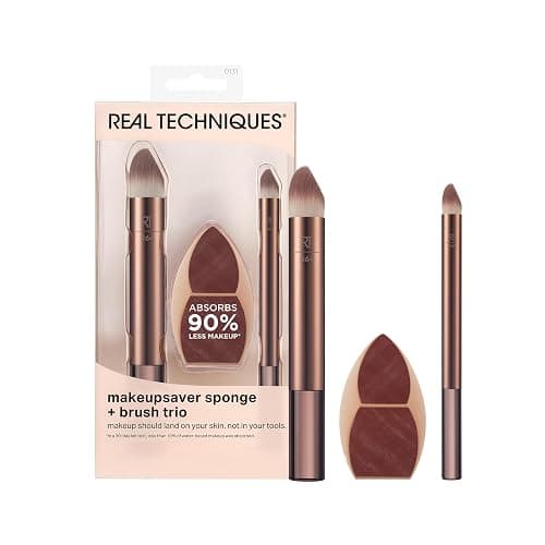 Real Techniques Makeupsaver Sponge + Brush Trio, Makeup Blending Sponge & Brushes For Liquid & Cream Foundation, Natural Finish & Reduces Makeup Waste, Cruelty & Latex-Free, 3 Piece Set - Image 1