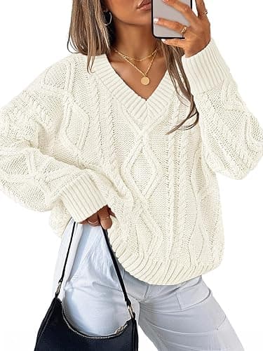 ZESICA Women's Cable Knit Long Sleeve Oversized Sweaters Fall Pullover Tops | Cute V Neck Sweater, Casual Loose Fit Jumpers, Chunky Cozy Soft Warm Outfits, Winter Trendy Fashion Holiday Clothing - Image 1